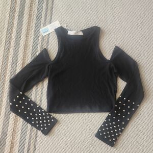 Cold-Shoulder Black Ribbed Crop Top with Studded Sleeves